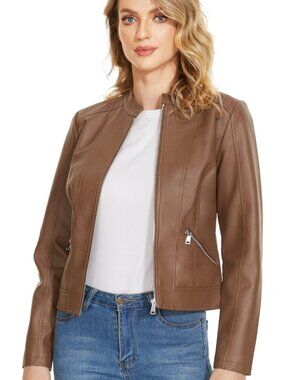 Womens Light Camel Faux Leather Long Sleeve Slim Fit Zip Front Short Trench Coat